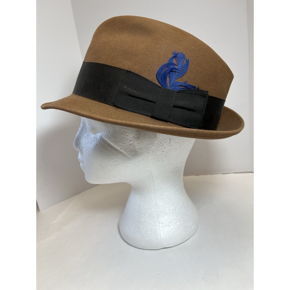 Dobbs Fifth Avenue Fedora Hat Narrow Brim Brown Felt Feather Vintage‎ READ